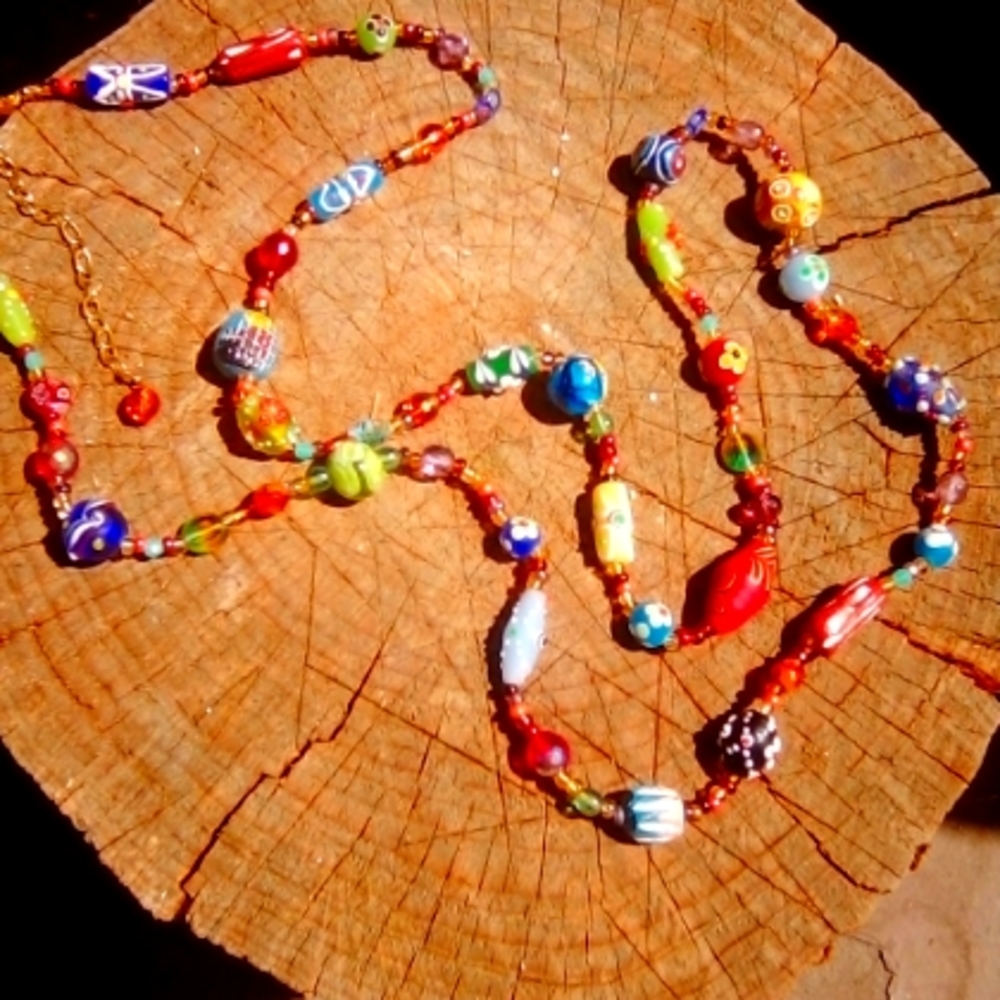 Hand Made .Painted Beads . Necklace .Long